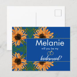 Met de hand getekende zonnebloemen Blauwe bruidsme Feestdagenkaart