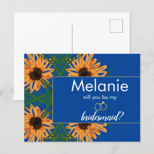 Met de hand getekende zonnebloemen Blauwe bruidsme Feestdagenkaart