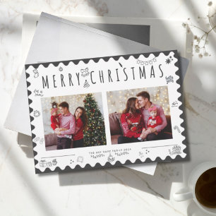 Met de hand getekende zwart-wit foto krabbel kerst feestdagenkaart