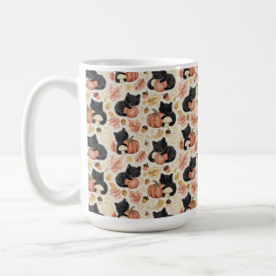 Met de hand getekende zwarte kattenpompoenen en bl koffiemok