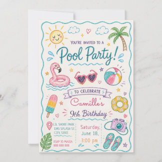 Met de Hand Getekende Zwembadfeest Zomer Doodle Ki Kaart