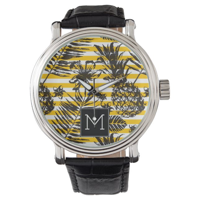 met de hand getrokken anananassen | Monogram Horloge (Voorkant)