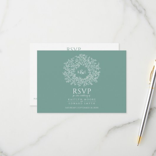 Met de hand getrokken bladmonogram groen RSVP brui Kaartje (Voorkant / Achterkant in situ)