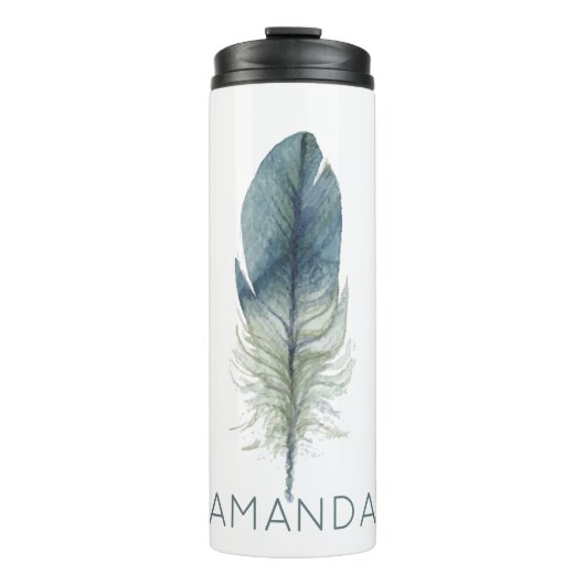 Met de hand getrokken blauwe grijze waterverf veer thermosbeker (Voorkant)