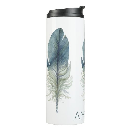 Met de hand getrokken blauwe grijze waterverf veer thermosbeker (Gedraaid links)