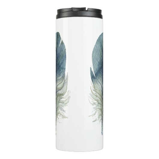 Met de hand getrokken blauwe grijze waterverf veer thermosbeker (Achterkant)
