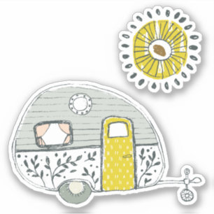 Met de hand getrokken camper aanhangwagen gele zon sticker