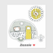 Met de hand getrokken camper aanhangwagen gele zon sticker (Vel)