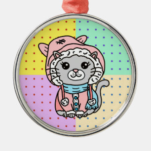 Met de hand getrokken Cartoon keukat in de winter, Metalen Ornament