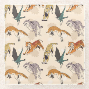 Met de hand getrokken dieren in de Wilde Retro-ket Glazen Onderzetter