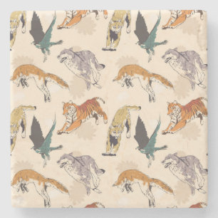 Met de hand getrokken dieren in de Wilde Retro-ket Stenen Onderzetter