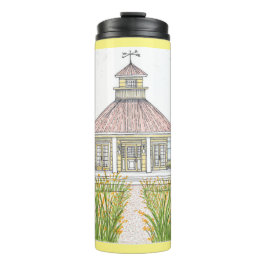 Met de hand getrokken geel strand wasgoed thermisc thermosbeker