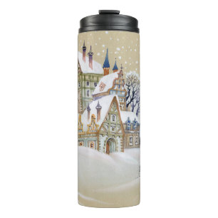 Met de hand getrokken illustratie met winterlandsc thermosbeker