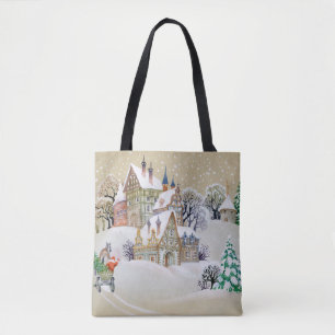 Met de hand getrokken illustratie met winterlandsc tote bag