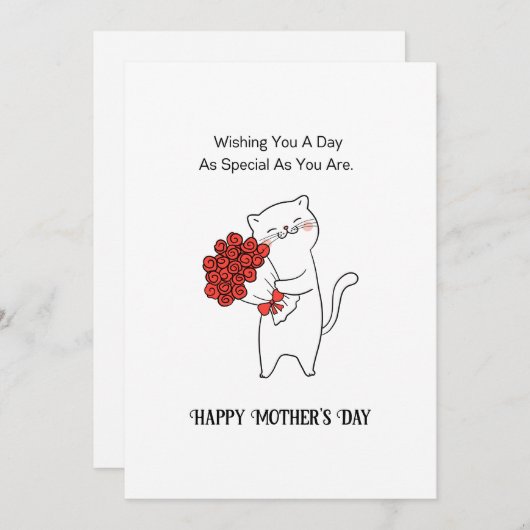 Met de hand getrokken kat rode rozen bloemen Moede Feestdagenkaart (Voorkant / Achterkant)