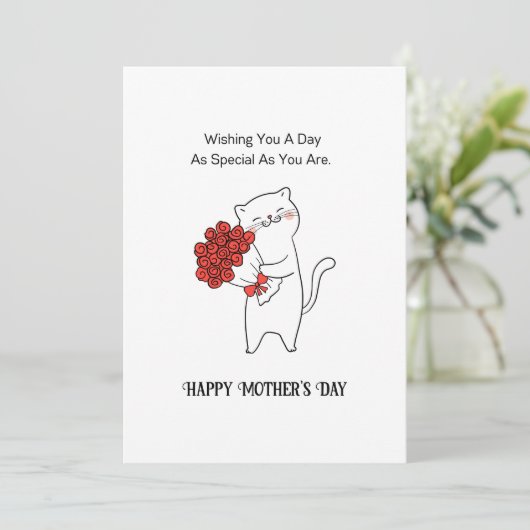 Met de hand getrokken kat rode rozen bloemen Moede Feestdagenkaart (Staand voorkant)