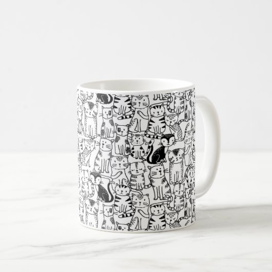 Met de hand getrokken kattenontwerp, zwart-wit koffiemok (Voorkant rechts)