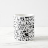 Met de hand getrokken kattenontwerp, zwart-wit koffiemok (Center)