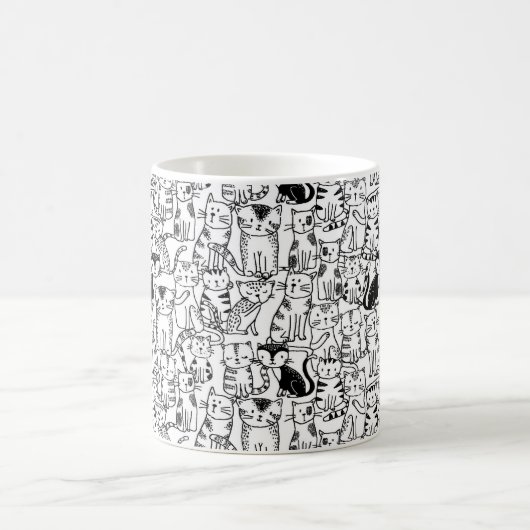 Met de hand getrokken kattenontwerp, zwart-wit koffiemok (Center)