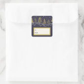 Met de hand getrokken kerstbomen blauw en goud vierkante sticker (Tas)