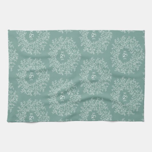 Met de hand getrokken monogram groene bruiloft theedoek (Horizontaal)