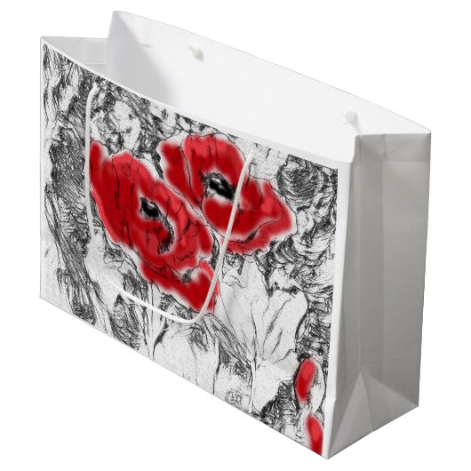 Met de hand getrokken rode papies bloemen bloemen groot cadeauzakje (Voorkant Gekanteld)