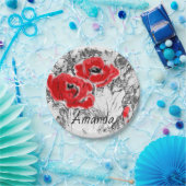 Met de hand getrokken rode papies bloemen bloemen papieren bordje (Feest)