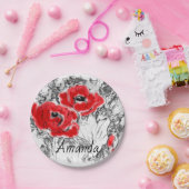 Met de hand getrokken rode papies bloemen bloemen papieren bordje (Feest)