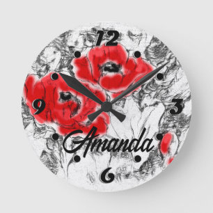 Met de hand getrokken rode papies bloemen bloemen ronde klok