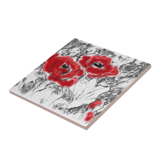 Met de hand getrokken rode papies bloemen bloemen tegeltje (Zijkant)