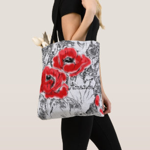 Met de hand getrokken rode papies bloemen bloemen tote bag
