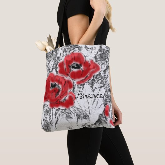 Met de hand getrokken rode papies bloemen bloemen tote bag (Dichtbij)