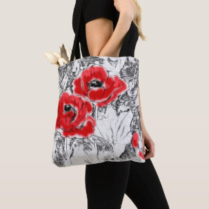 Met de hand getrokken rode papies bloemen bloemen tote bag