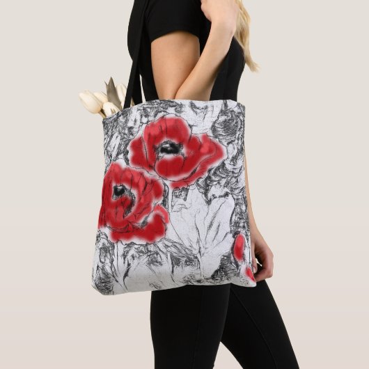 Met de hand getrokken rode papies bloemen bloemen tote bag (Dichtbij)