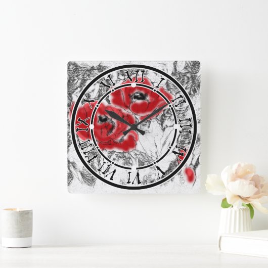Met de hand getrokken rode papies bloemen bloemen vierkante klok (Huis)