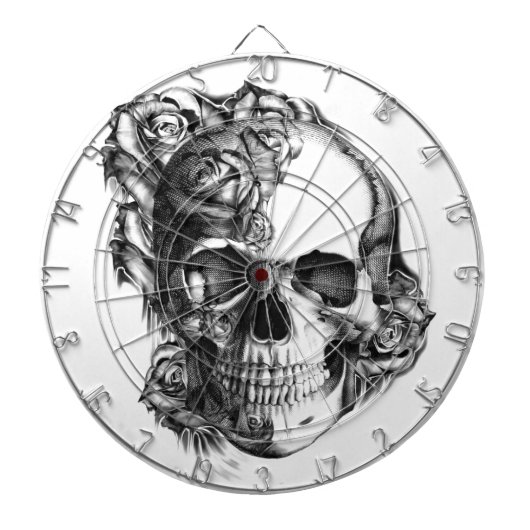 Met de hand getrokken roos schedel in zwart-wit. dartbord (Voorkant)