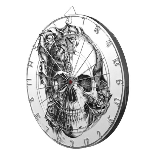 Met de hand getrokken roos schedel in zwart-wit. dartbord (Voorkant Rechts)