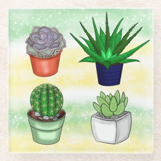 Met de hand getrokken Succulenten Glazen Onderzetter (Voorkant)
