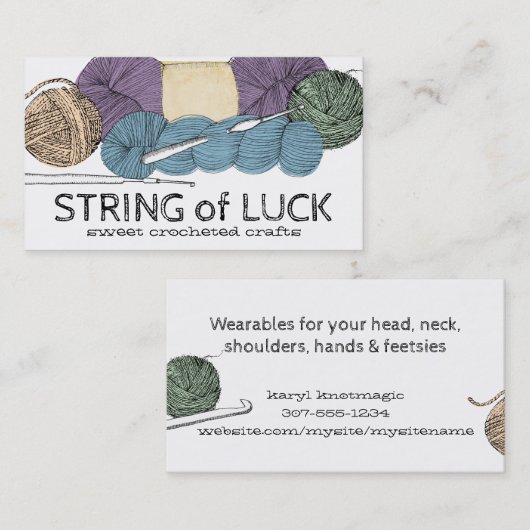Met de hand getrokken twistgaren hank skein haakha visitekaartje (Voorkant / Achterkant)