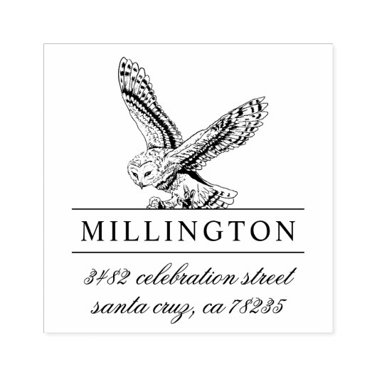 met de hand getrokken uil | Familienaam en retoura Rubberstempel (Afrduk)