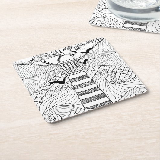 Met de hand getrokken vuurtoren kartonnen onderzetters (Schuin)