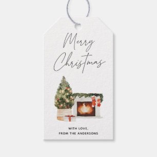 Met de hand opgestelde kerstboom en kousen, feestd cadeaulabel