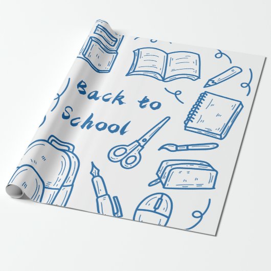 Met de hand teruggetrokken naar schooldoodle blauw cadeaupapier (Uitgerold)
