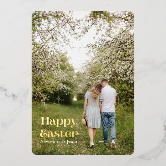 Met de hand uitgeruste Gold Script-fotoPasen Folie Feestdagenkaart (Voorkant)