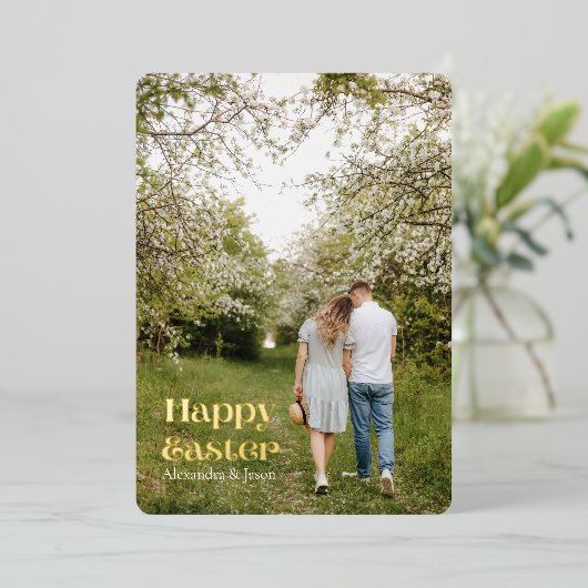 Met de hand uitgeruste Gold Script-fotoPasen Folie Feestdagenkaart (Staand Voorkant)