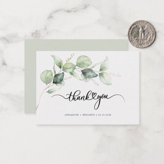 Met de hand uitgezette Eucalyptus Wedding Dank je Notitiekaartje (Voorkant / Achterkant in situ)