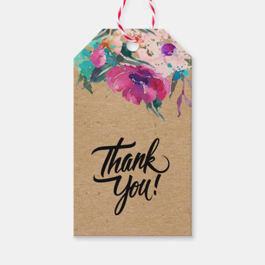 Met de hand werden waterverf roze bloemen gemaakt cadeaulabel (Voorkant)