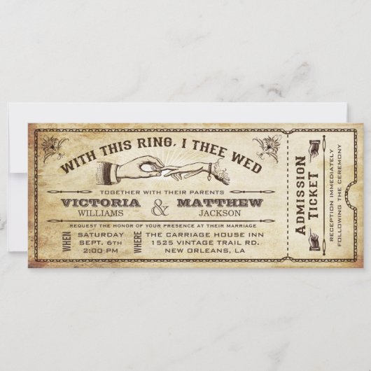 Met deze ring, Vintage Wedding Ticket Uitnodiging (Voorkant)