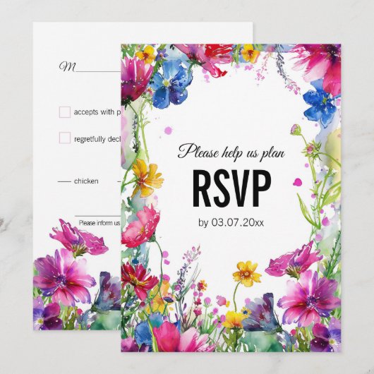 💍 Met dieetkeuze Meadow Blooms RSVP-kaart Kaart (Voorkant / Achterkant)