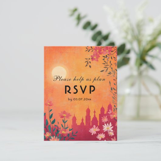Met dieetkeuze Sunset Serenade Wedding RSVP Kaartje (Staand voorkant)